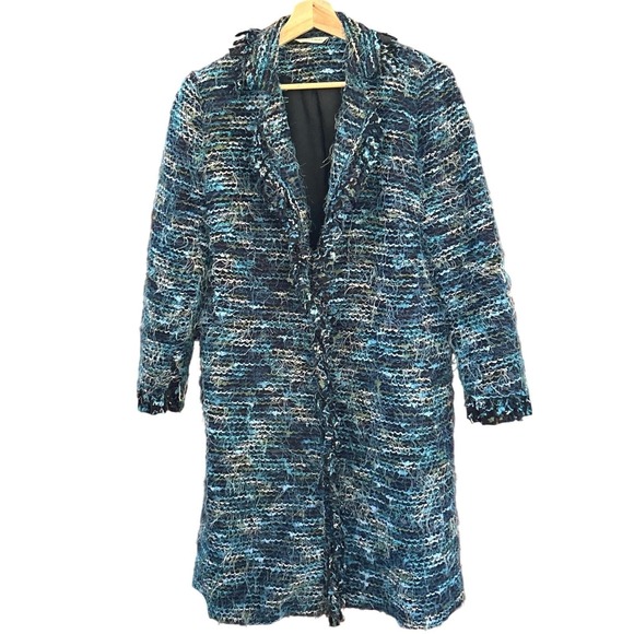 Laura Ashley Blue Novelty Boucle Tweed Long Coat Textured Yarn Jacket Textured